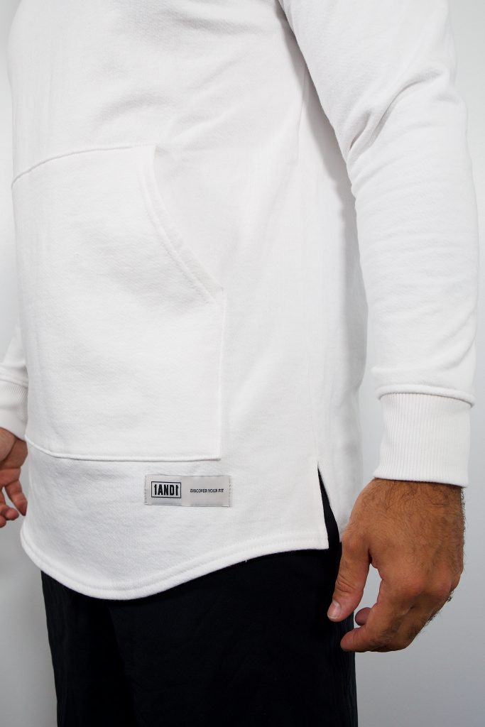 Man wearing 1and1 TDC Unisex Hoodie in True White.