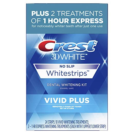Crest 3D White Whitestrips Vivid Plus Teeth Whitening Kit, 24 Individual Strips (10 Vivid Plus Treatments + 2 1hr Express Treatments). Safe way to whiten your  teeth rather than using activated charcoal.