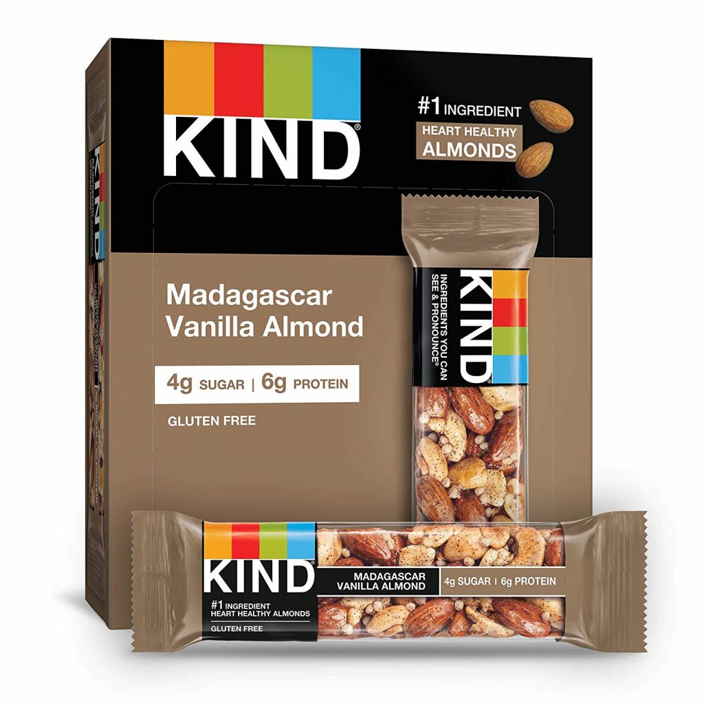 A box of KIND Madagascar Vanilla Almond protein bars.