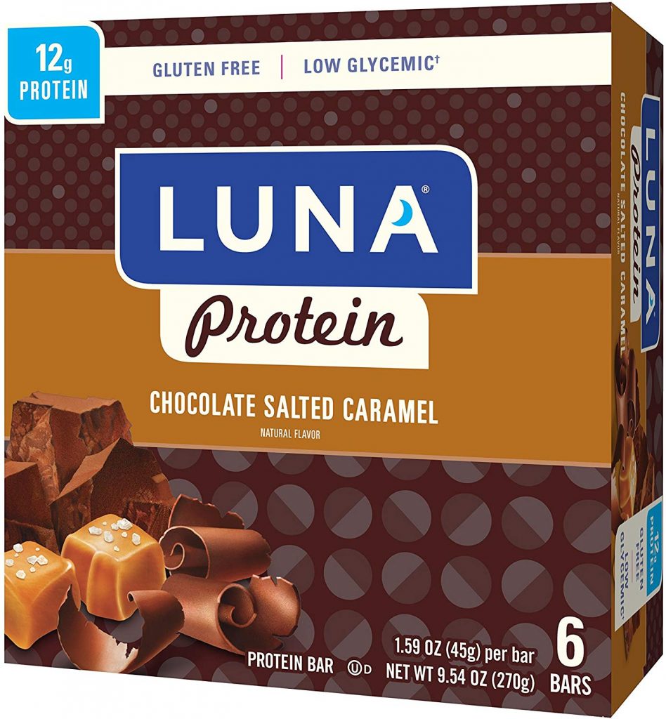 A box of LUNA chocolate salted caramel protein bars 