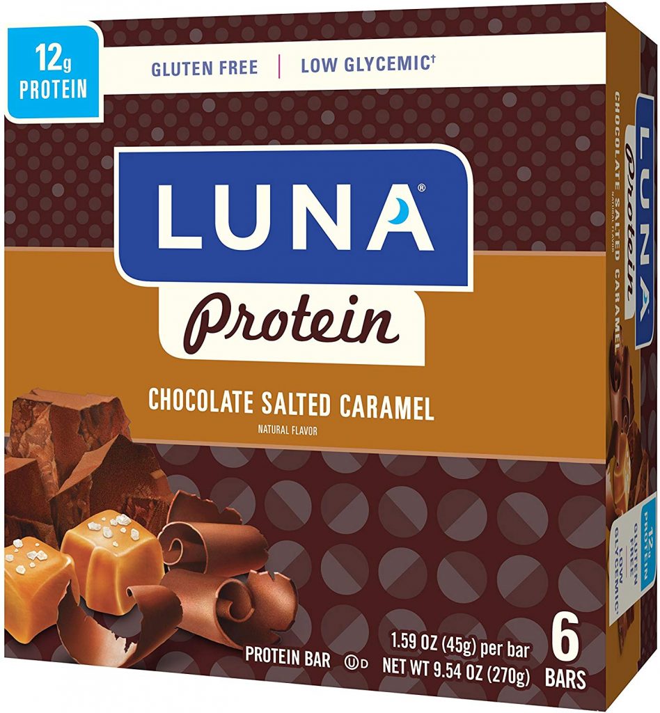 A box of LUNA chocolate salted caramel protein bars