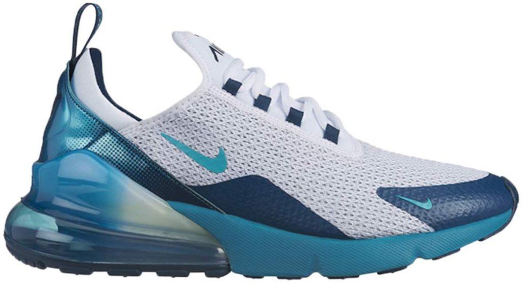 Nike Air Max 270 for men, in white with blue and aqua trim