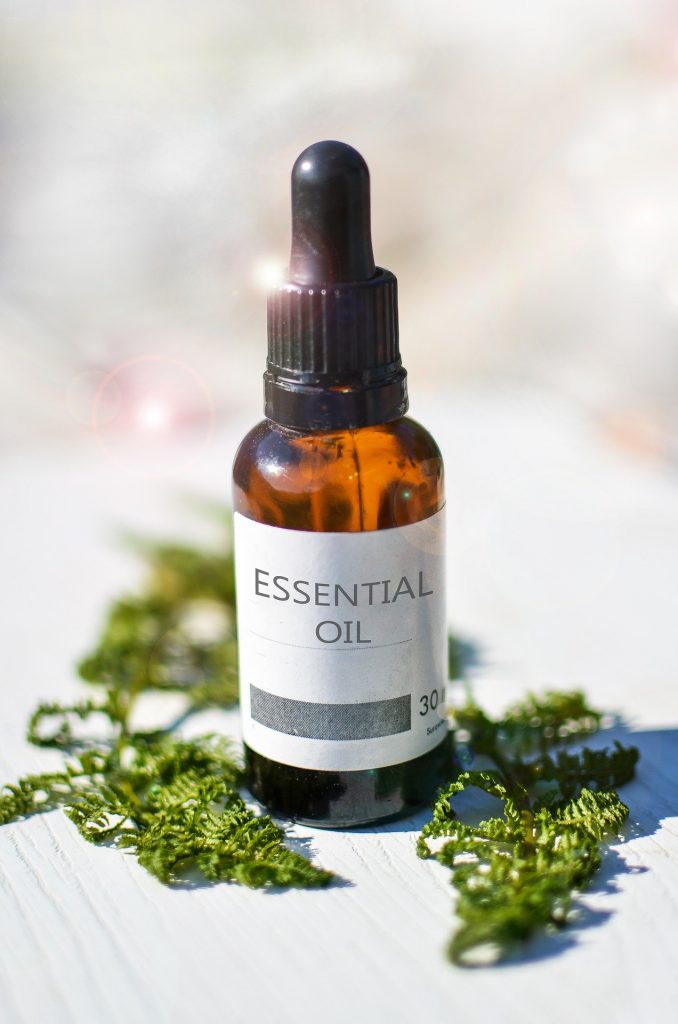 Close up shot of essential oil bottle.