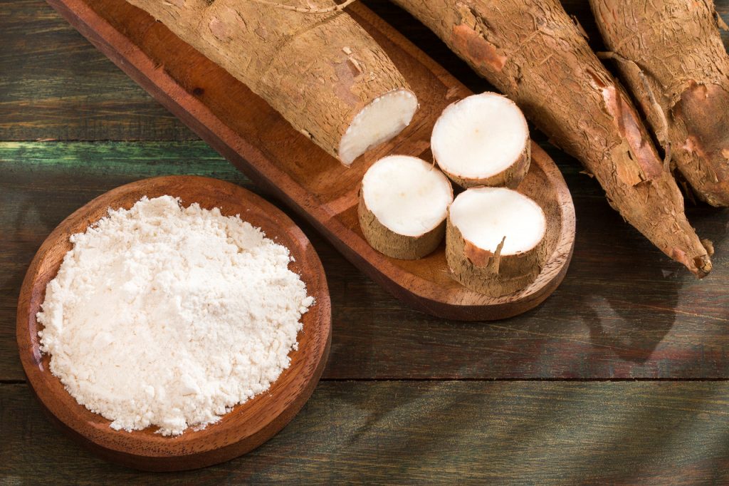 Cassava flour on a plate and some cassava roots on a wooden table.