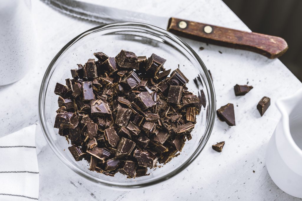 Bowl of dark chocolate.