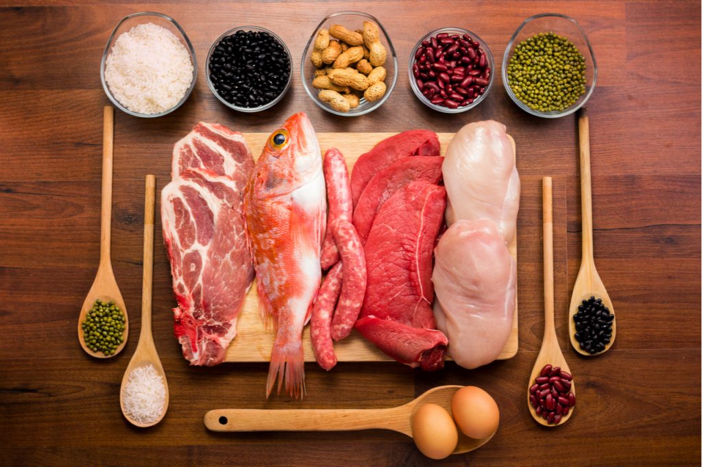 Some meat, fish, eggs, beans and nuts as healthy protein sources.