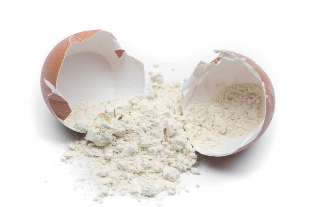 Cracked egg with white powder inside.