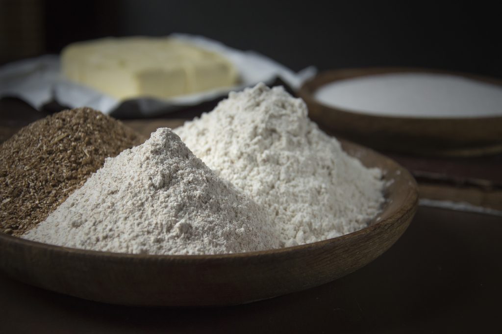 Different kinds of flour substitutions. wheat, whole-grain, and bran.