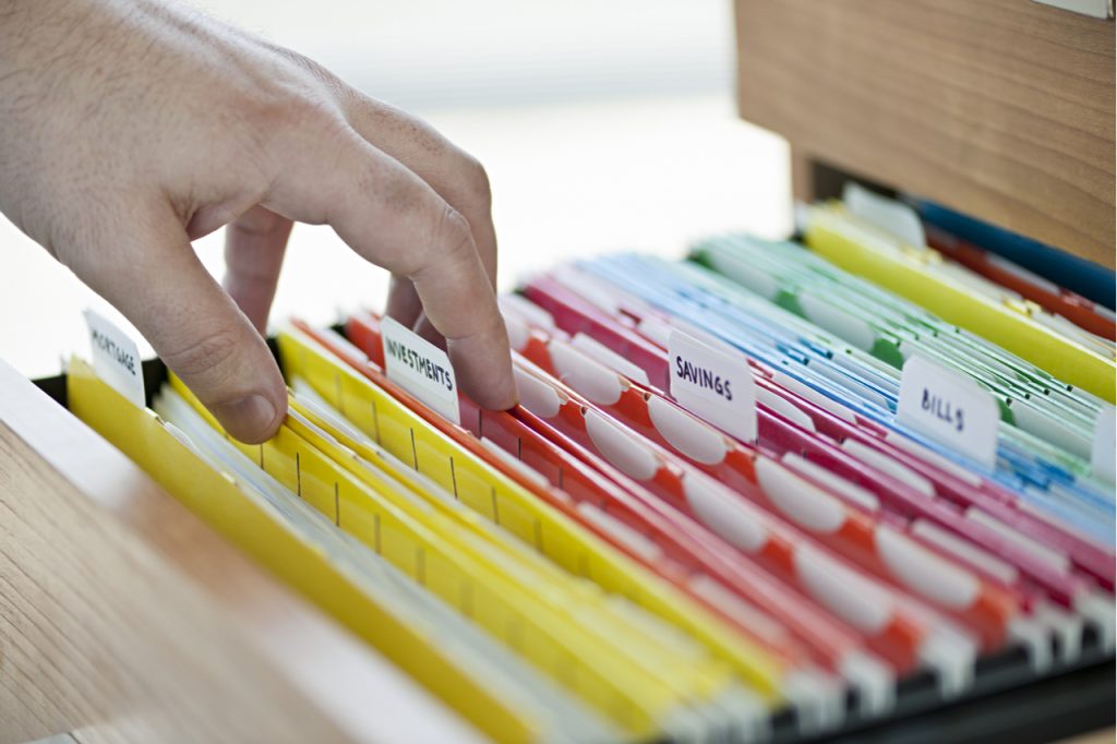 A well organized drawer with tab labels in each folders.