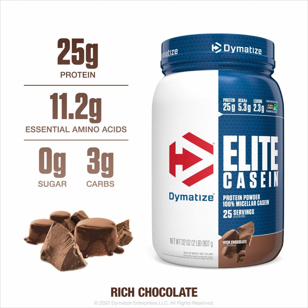 Dymatize Elite Casein Protein Powder, Slow Absorbing with Muscle Building Amino Acids, 100% Micellar Casein, 25g Protein, 5.4g BCAAs & 2.3g Leucine, Helps Overnight Recovery, Rich Chocolate, 4 Pound