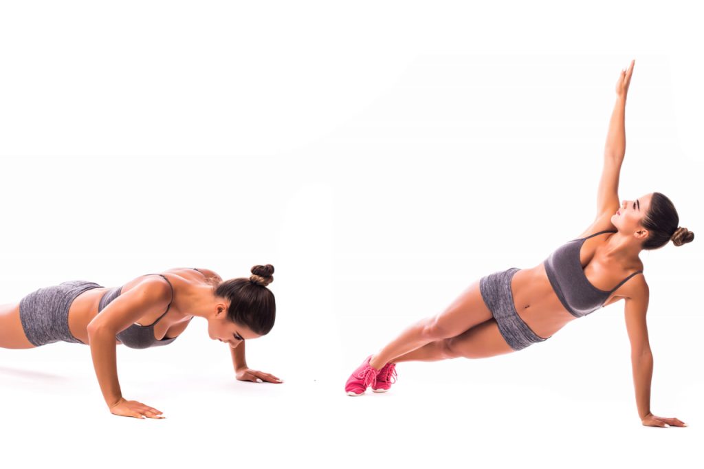 A woman showing the steps on how to do Pushup with rotation.