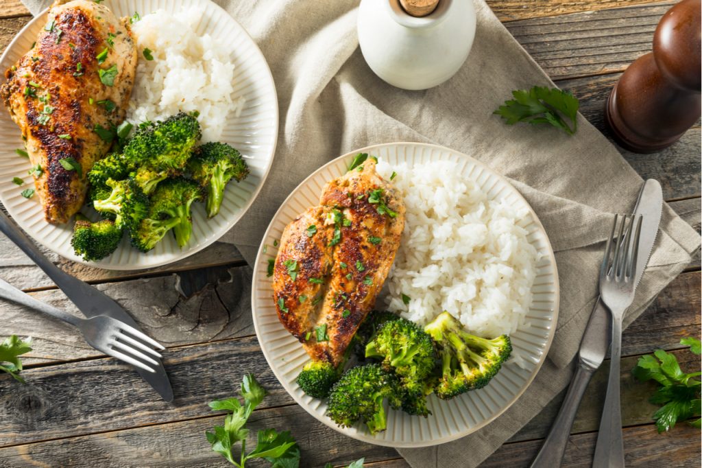 Healthy Homemade Chicken Breast and Rice with Broccoli.