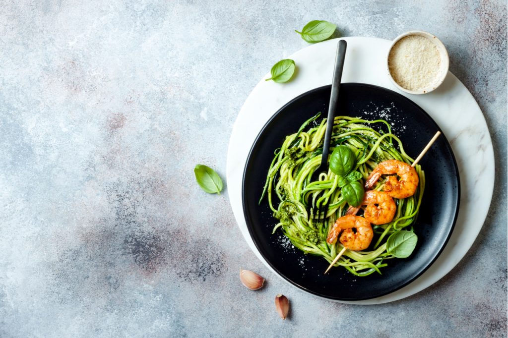 Zucchini noodles with pesto and shrimp.