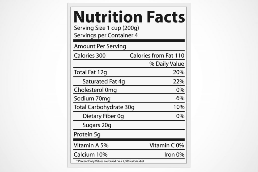 Illustration of a nutrition food label isolated on a white background.