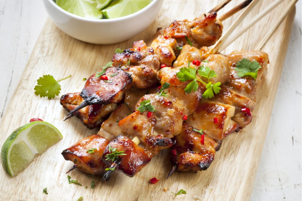 Satay chicken skewers with lime and chili for that Labor Day Weekend.