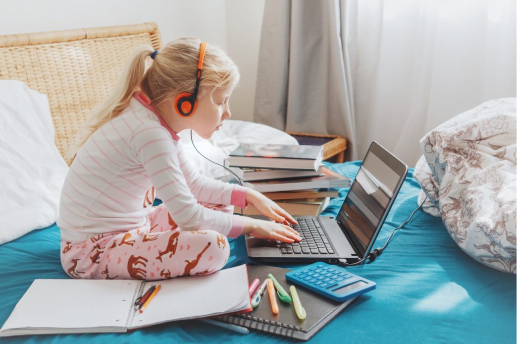 Virtual Internet class school on video call during self isolation quarantine at home.