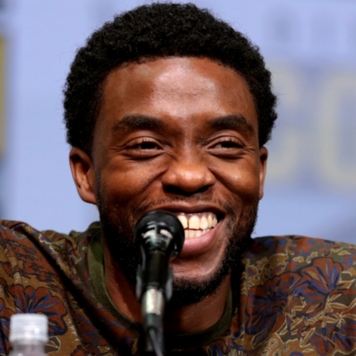 Chadwick Boseman speaking at the 2017 San Diego Comic Con International with a big smile on his face.