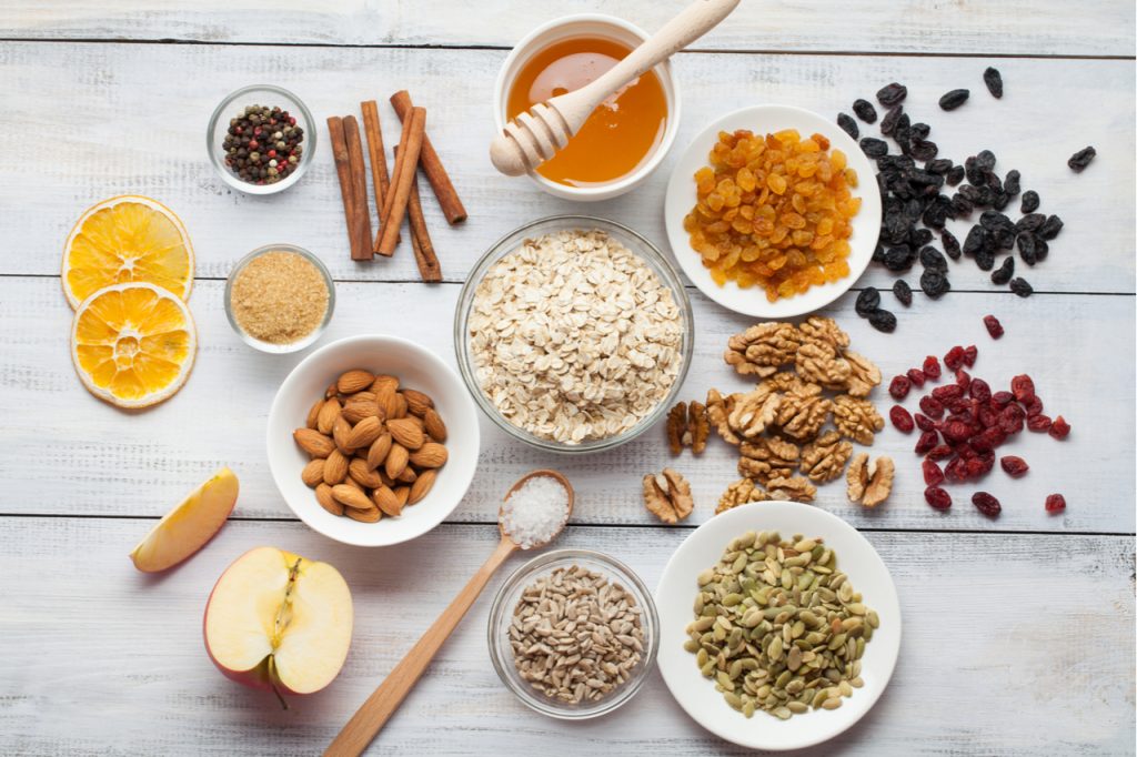 Normally used ingredients for homemade granola consist of mixed nuts, seeds, raisins, honey and coconut oil.