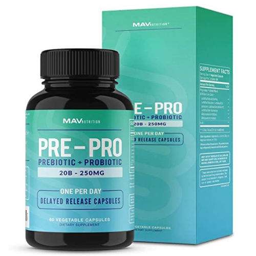 MAV Nutrition Probiotics + Prebiorics supplement.