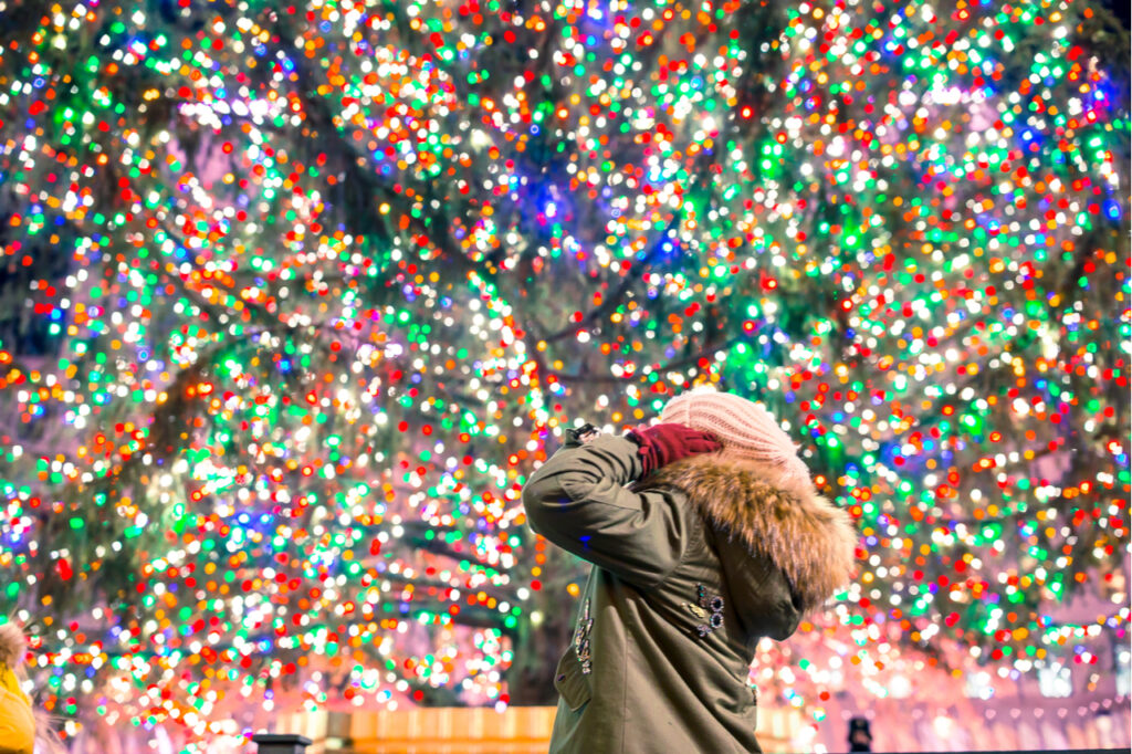 Woman happily looking at the decorated neighborhood Christmas tree.