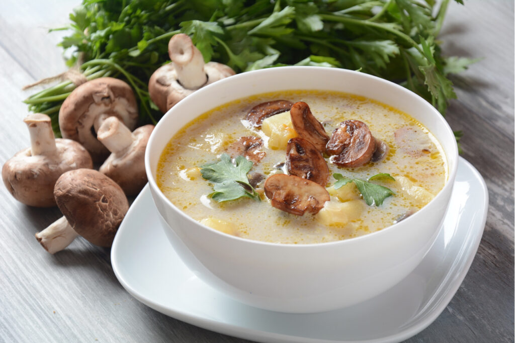 Delicious soup with mushrooms champignon and potato.