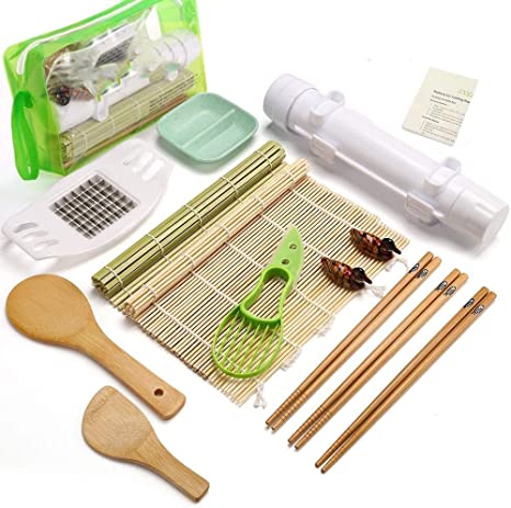 IOOLEEM 15 Pieces Sushi Making Kit, Ideal beginner's Sushi Maker, all-in-one sushi making set, Bamboo Sushi maker, Sushi Bazooka, Sushi mats