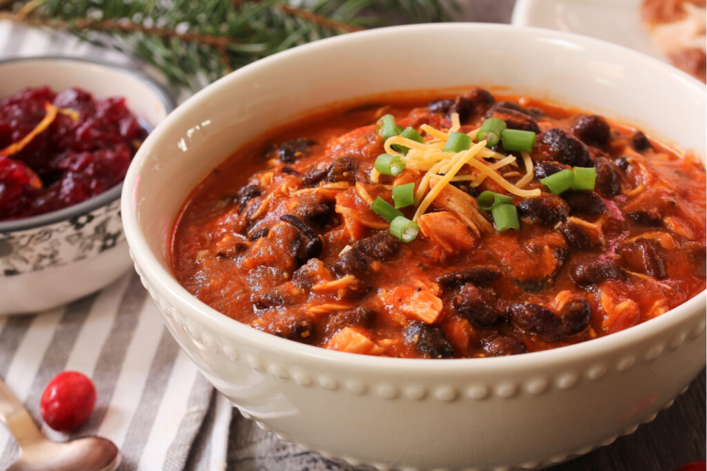 Homemade Turkey Chili with beans and scallions.