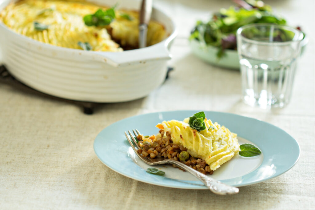 Vegan shepherd's pie with lentils and buckwheat filling.