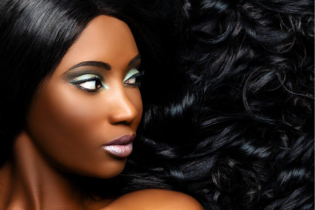 Extreme close up beauty portrait of beautiful young woman without for hims and for hers stress-related hair loss.