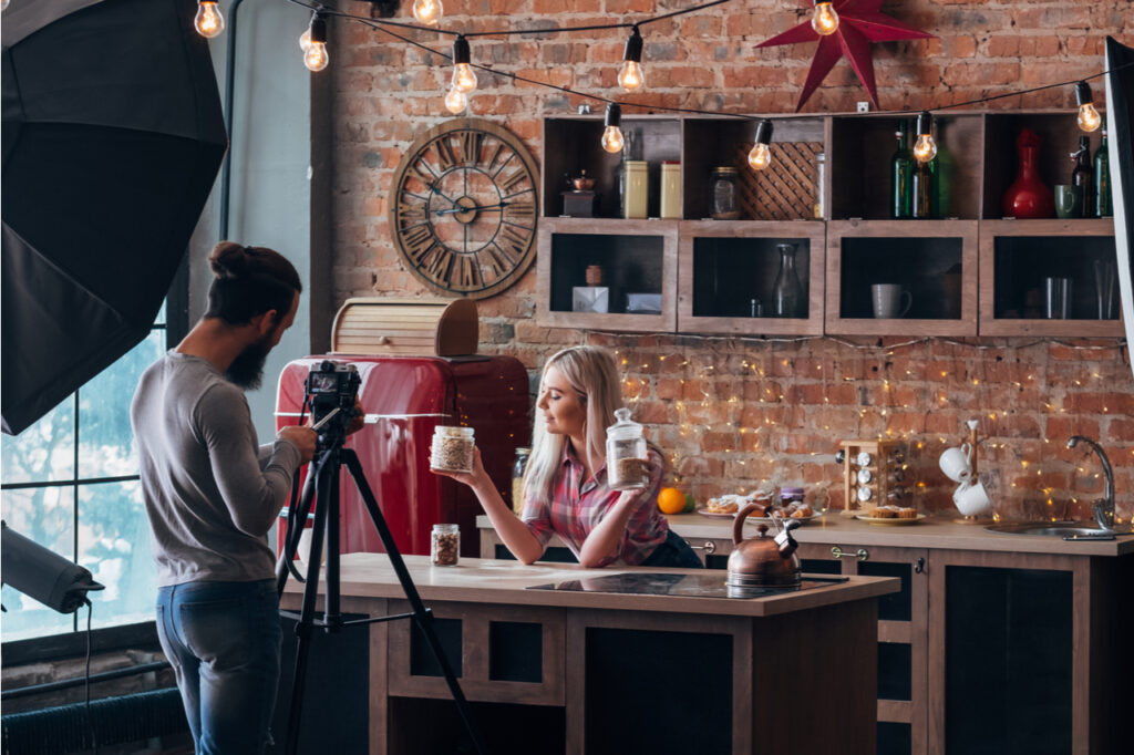 Couple shooting a nutrition podcast or vlog.
