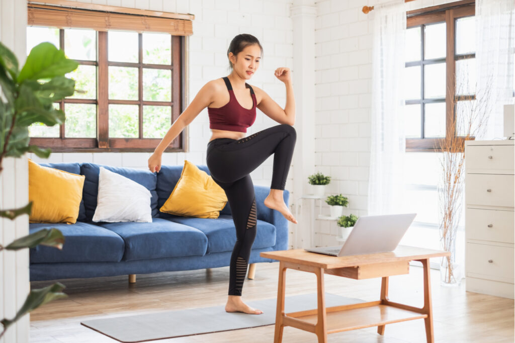 Young Asian healthy woman workout at home, exercise, fit.