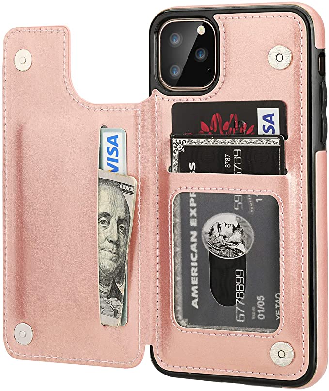 iPhone 11 Pro Max Wallet Case with Card Holder,OT ONETOP PU Leather Kickstand Card Slots Case,Double Magnetic Clasp and Durable Shockproof Cover for iPhone 11 Pro Max 6.5 Inch(Rose Gold)