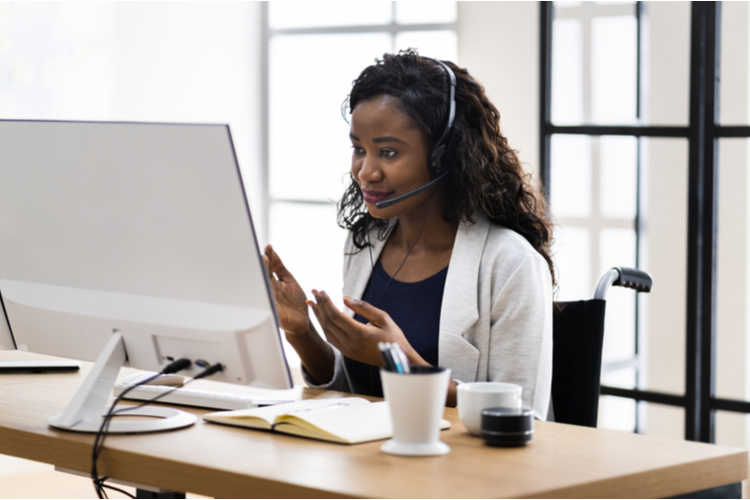 Virtual personal assistant woman making video conference call.
