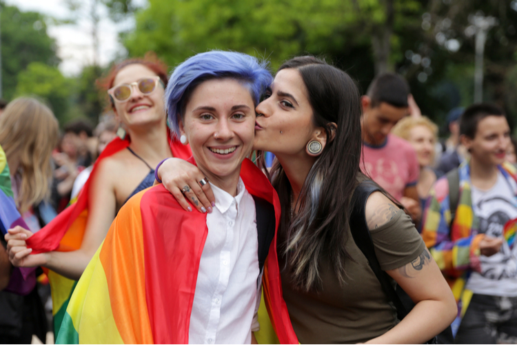 Young girls kiss during the annual LGBT Sofia pride parade for equality and non-discrimination of the LGBT community.