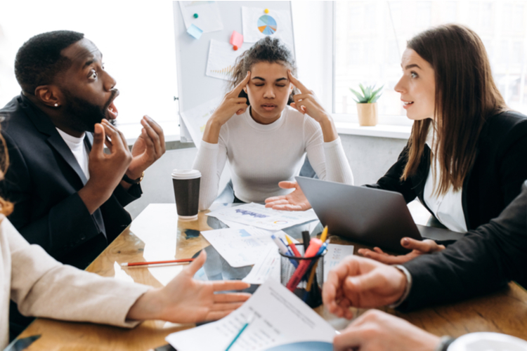 Overworked business partners on briefing meeting can't make a deal or come to agreement.