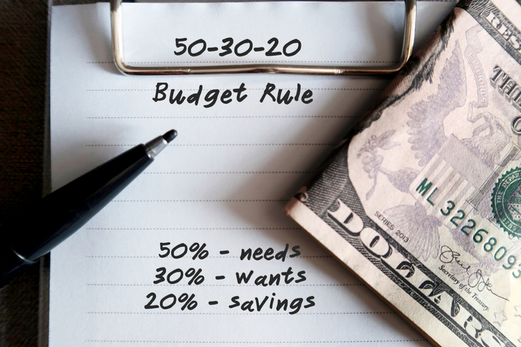 Cash dollars Money, Pen and Notebook With Text Written - 50 30 20 Rule, 50% Needs 30% Wants 20% Saving