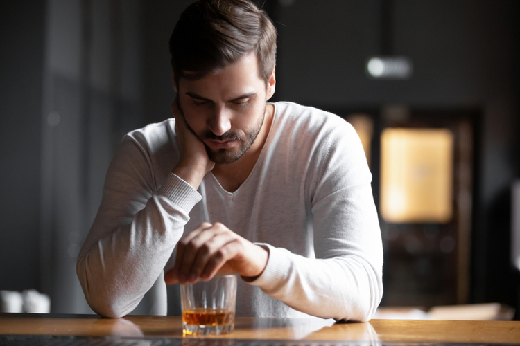 sad depressed addicted drunk guy having problem suffer from alcohol addiction abuse, alcoholism concept