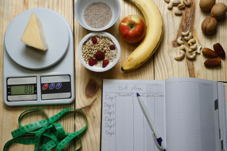 The concept of diet food, weight control, calorie intake amount.