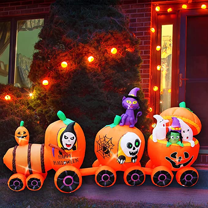SEASONBLOW 9 Ft Halloween Inflatable Pumpkin Train with Ghost Witch Cat Decoration Blow up Decor for Lawn Patio Indoor Outdoor Home Yard Party