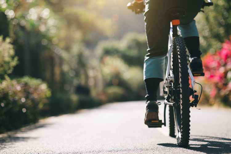 Woman riding a bike on tropical park trail in spring