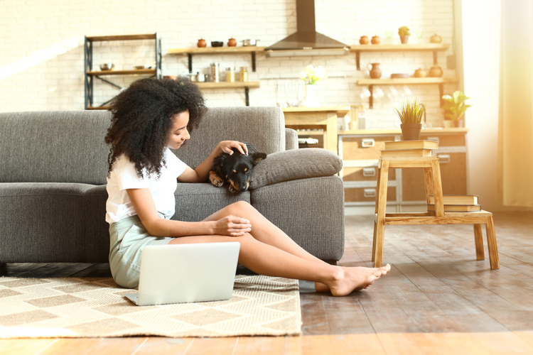 woman with cute funny dog working on laptop at home.
