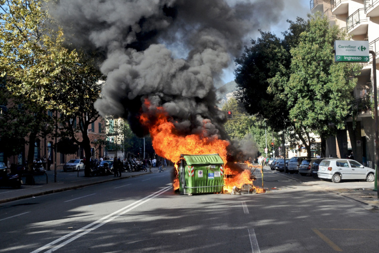 Garbage cans on fire